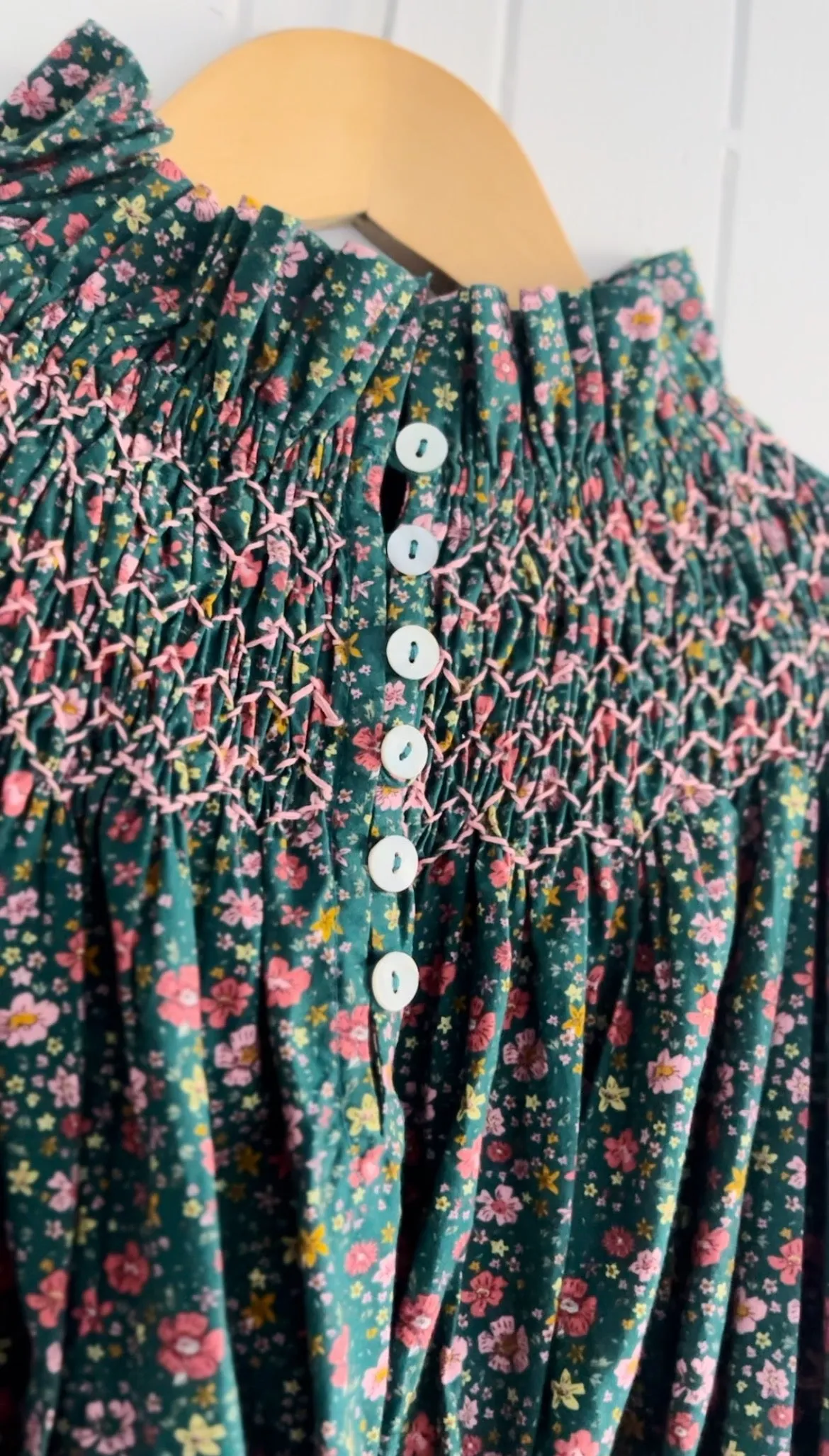 100% RECYCLED COTTON - PRAIRIE DRESS DITSY FLORAL TEAL PINK POPLIN - HAND SMOCKED