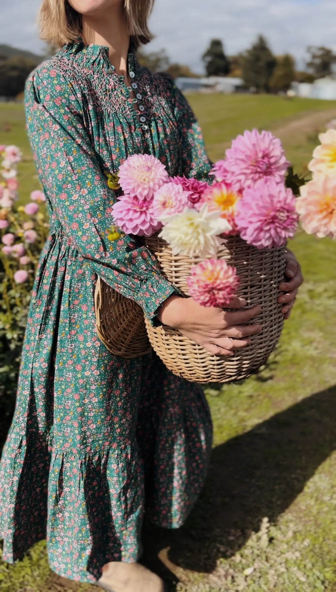 100% RECYCLED COTTON - PRAIRIE DRESS DITSY FLORAL TEAL PINK POPLIN - HAND SMOCKED