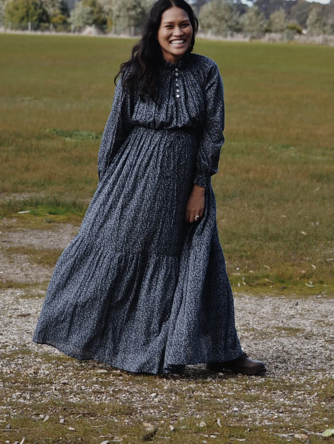 100% RECYCLED COTTON - PRAIRIE MAXI DRESS NAVY FLORAL