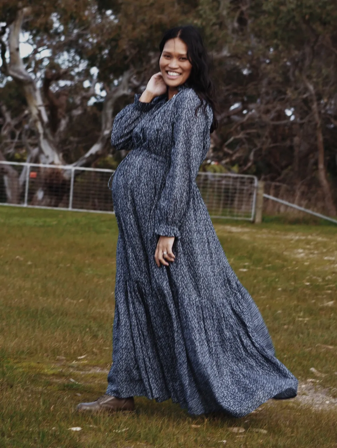 100% RECYCLED COTTON - PRAIRIE MAXI DRESS NAVY FLORAL