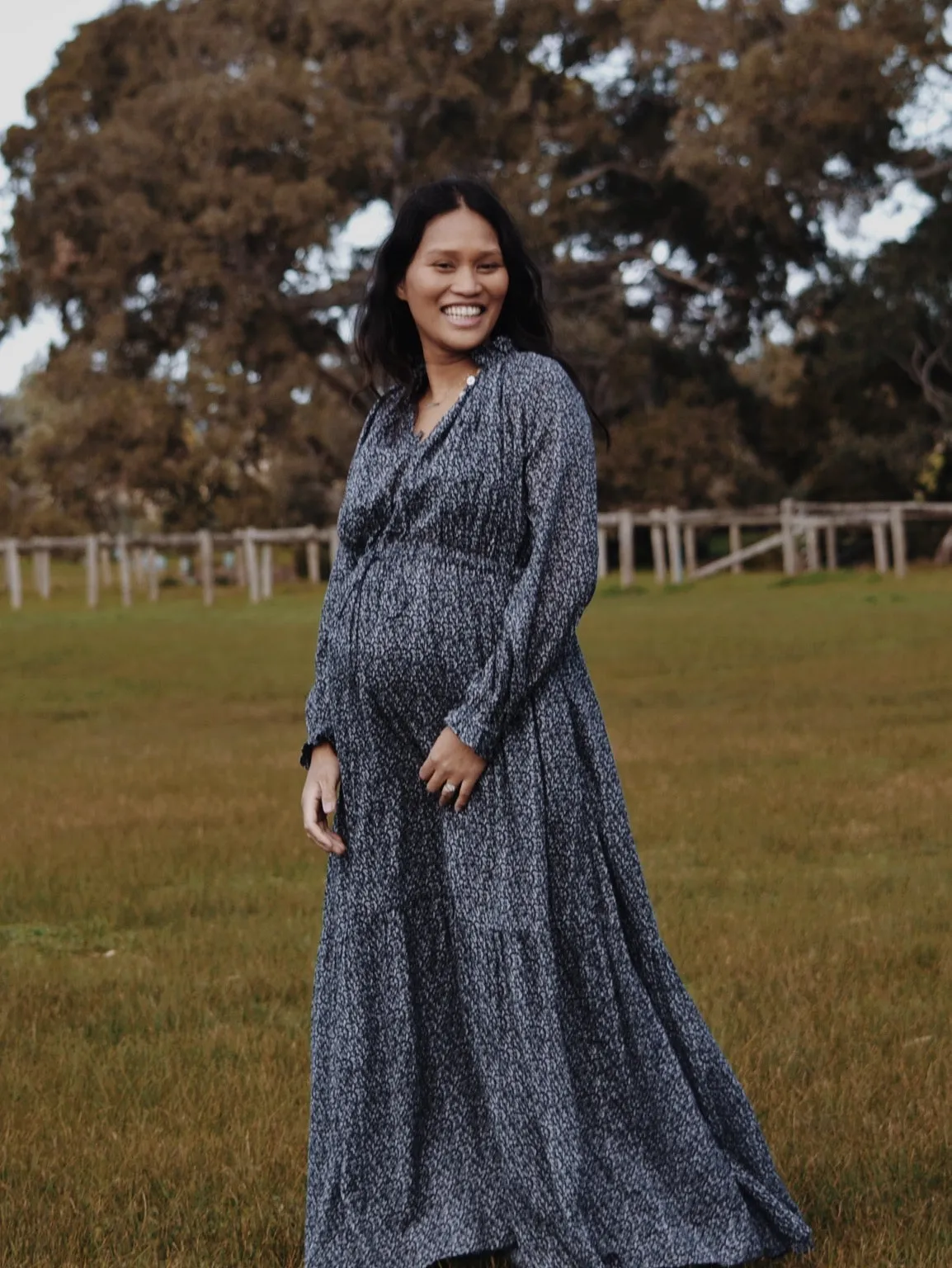 100% RECYCLED COTTON - PRAIRIE MAXI DRESS NAVY FLORAL