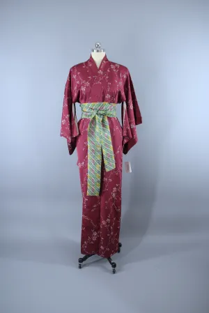 1940s Vintage Silk Kimono Robe / Red Purple & White Omeshi Embroidered Floral