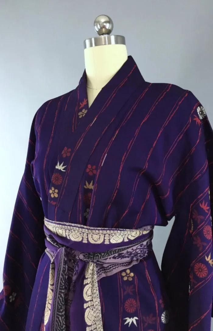 1950s Vintage Kimono Robe in Purple Omeshi Embroidery with Red & Gold Floral