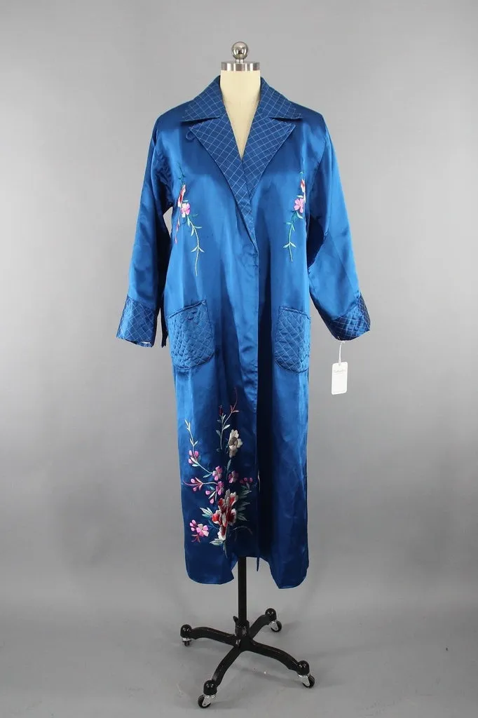 1950s Vintage Royal Blue Satin Embroidered Robe