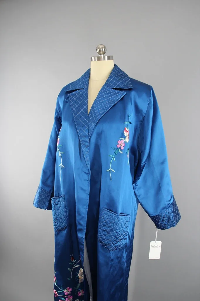 1950s Vintage Royal Blue Satin Embroidered Robe