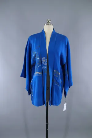 1950s Vintage Silk Haori Kimono Jacket Cardigan / Blue Urushi Embroidery