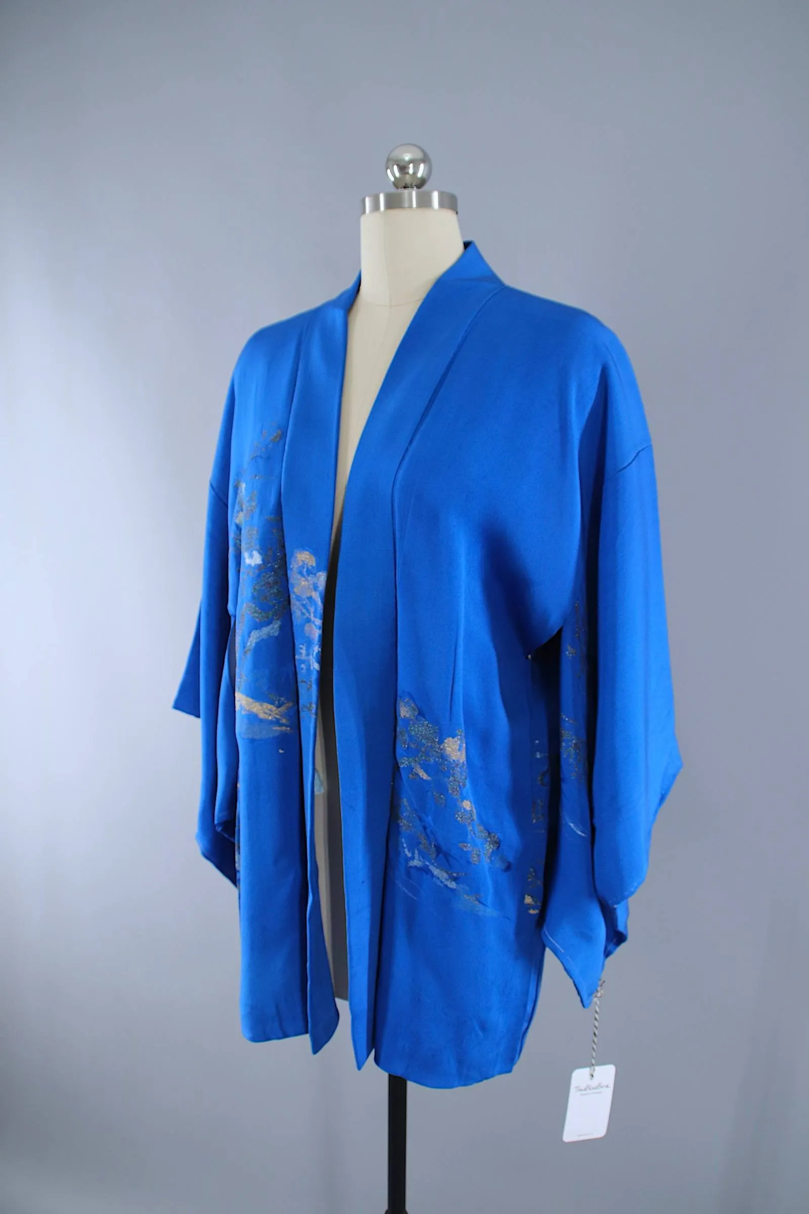 1950s Vintage Silk Haori Kimono Jacket Cardigan / Blue Urushi Embroidery