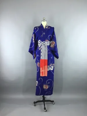 1950s Vintage Silk Kimono Robe in Royal Blue Floral Omeshi Embroidery