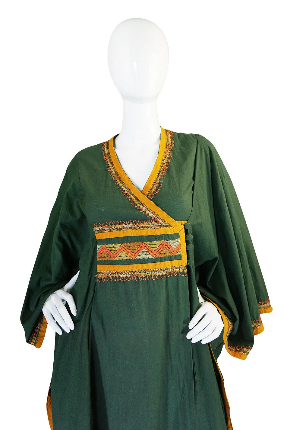 1960s Deep Green Embroidered Wrapped Cotton Caftan Dress