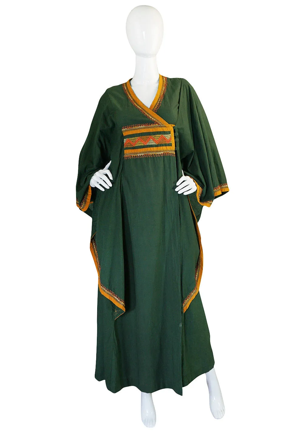 1960s Deep Green Embroidered Wrapped Cotton Caftan Dress