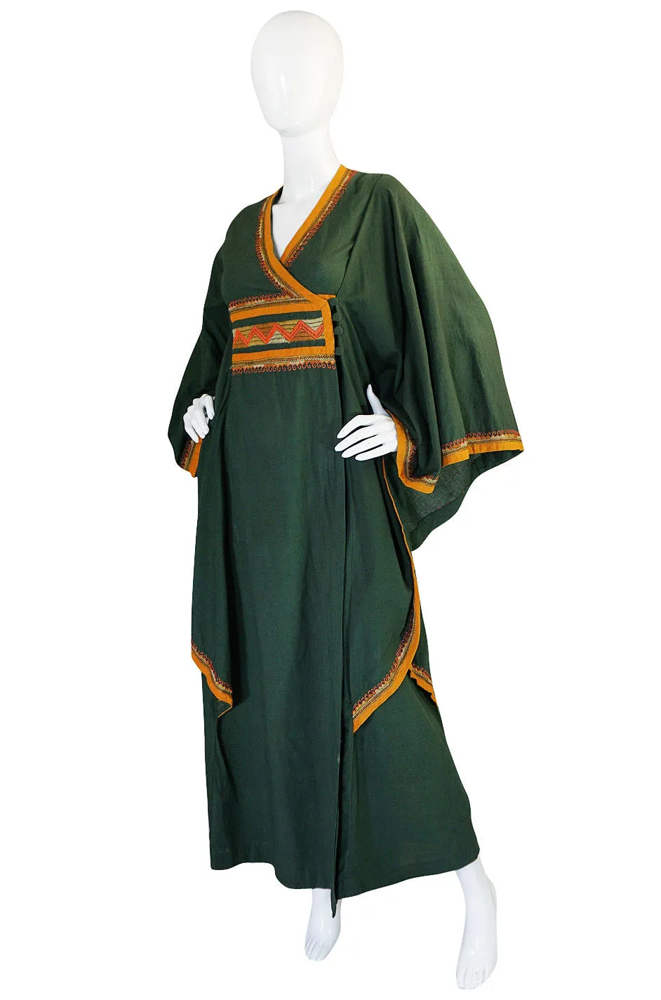 1960s Deep Green Embroidered Wrapped Cotton Caftan Dress