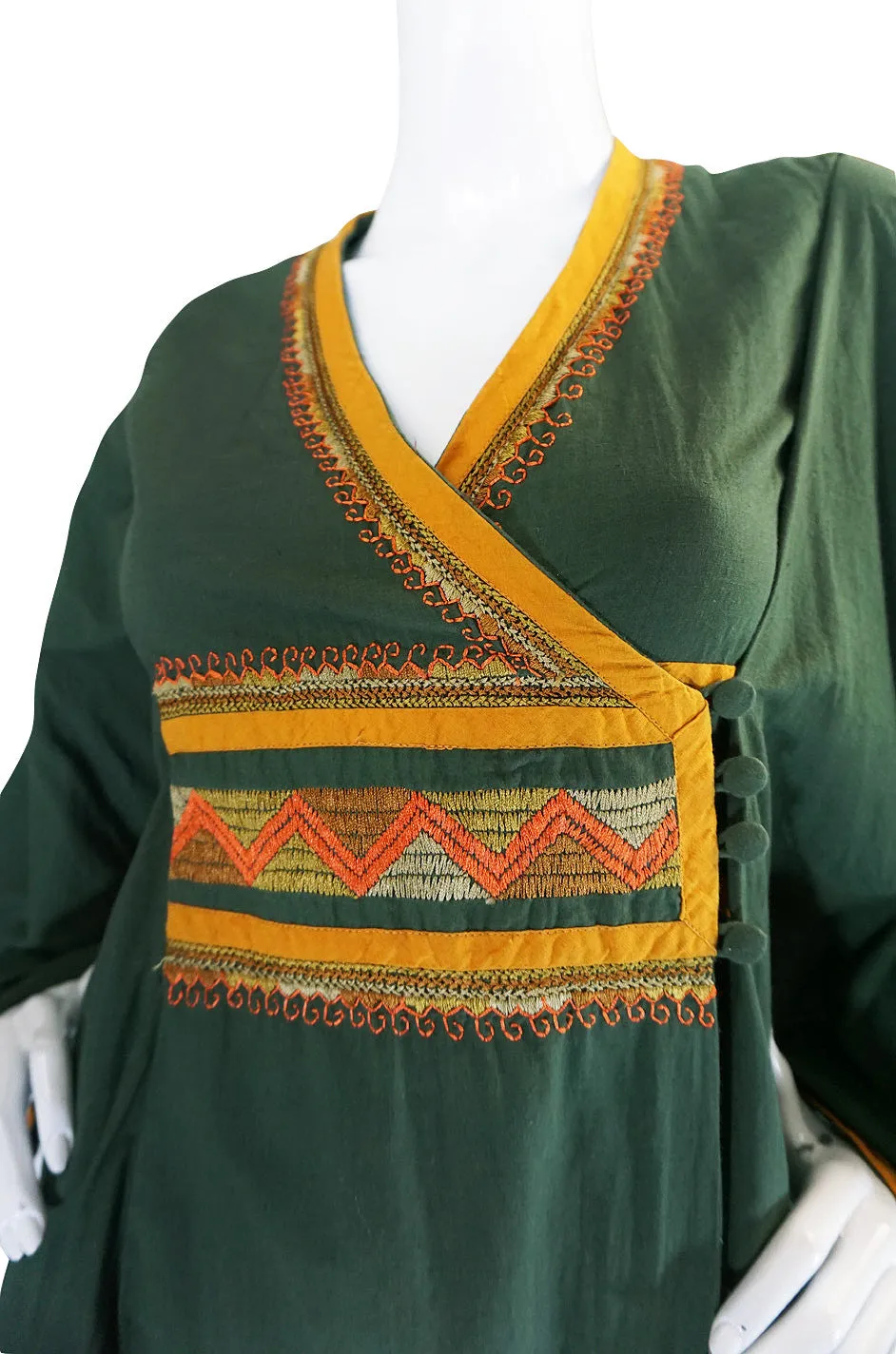 1960s Deep Green Embroidered Wrapped Cotton Caftan Dress