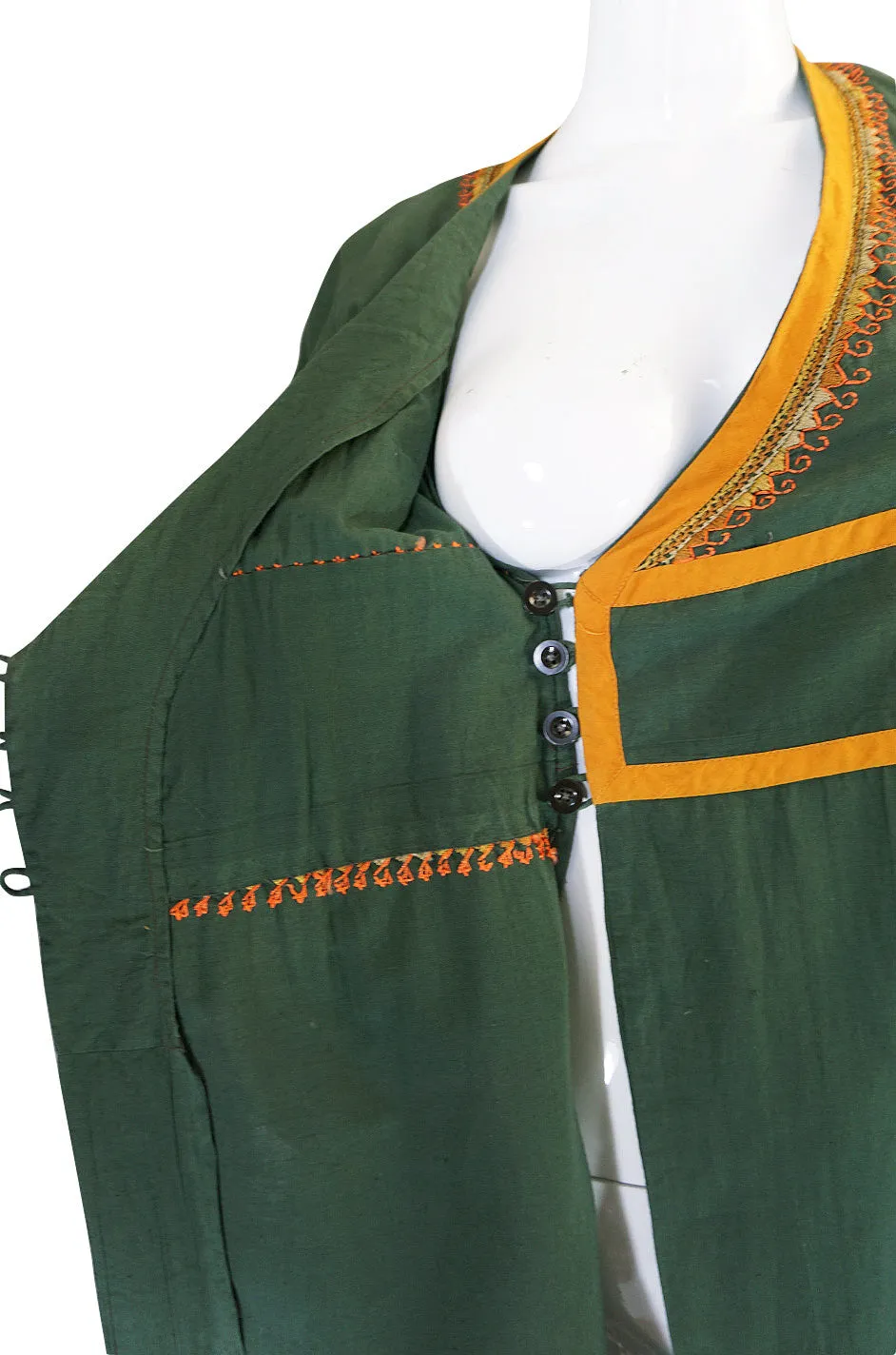 1960s Deep Green Embroidered Wrapped Cotton Caftan Dress