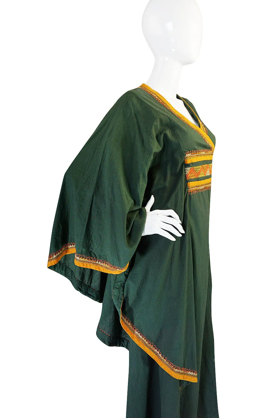 1960s Deep Green Embroidered Wrapped Cotton Caftan Dress