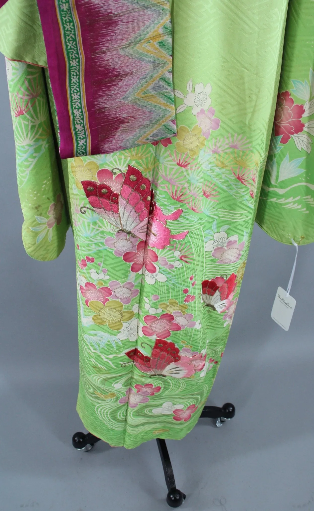 1960s Vintage Silk Kimono Robe Furisode / Embroidered Butterflies