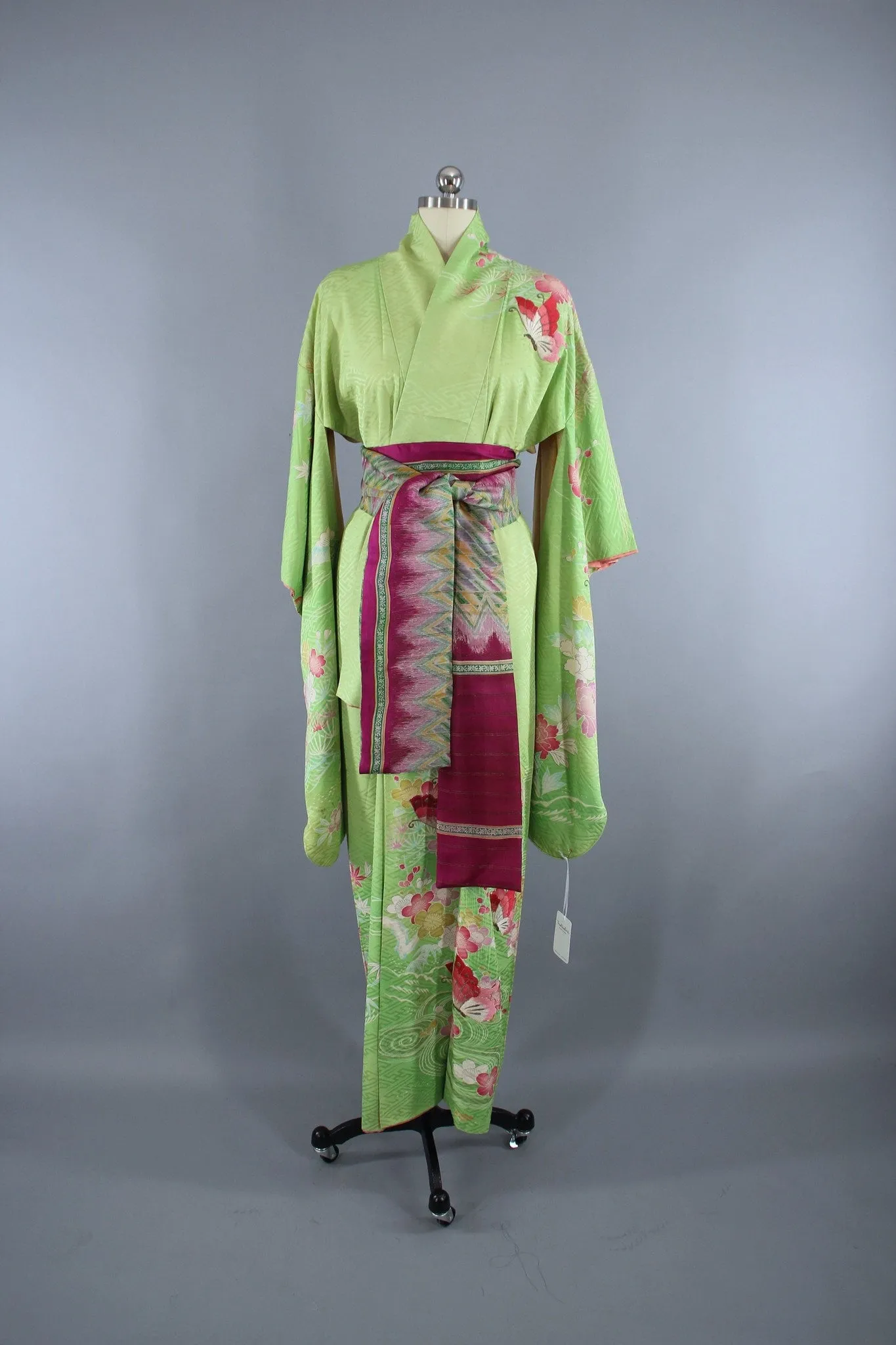 1960s Vintage Silk Kimono Robe Furisode / Embroidered Butterflies