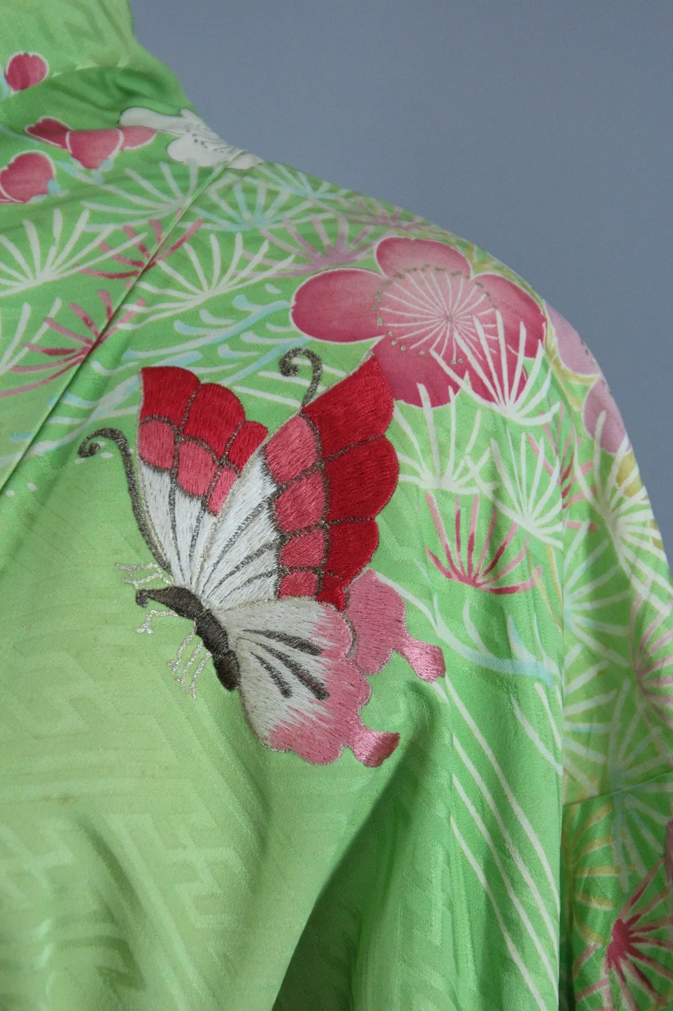 1960s Vintage Silk Kimono Robe Furisode / Embroidered Butterflies