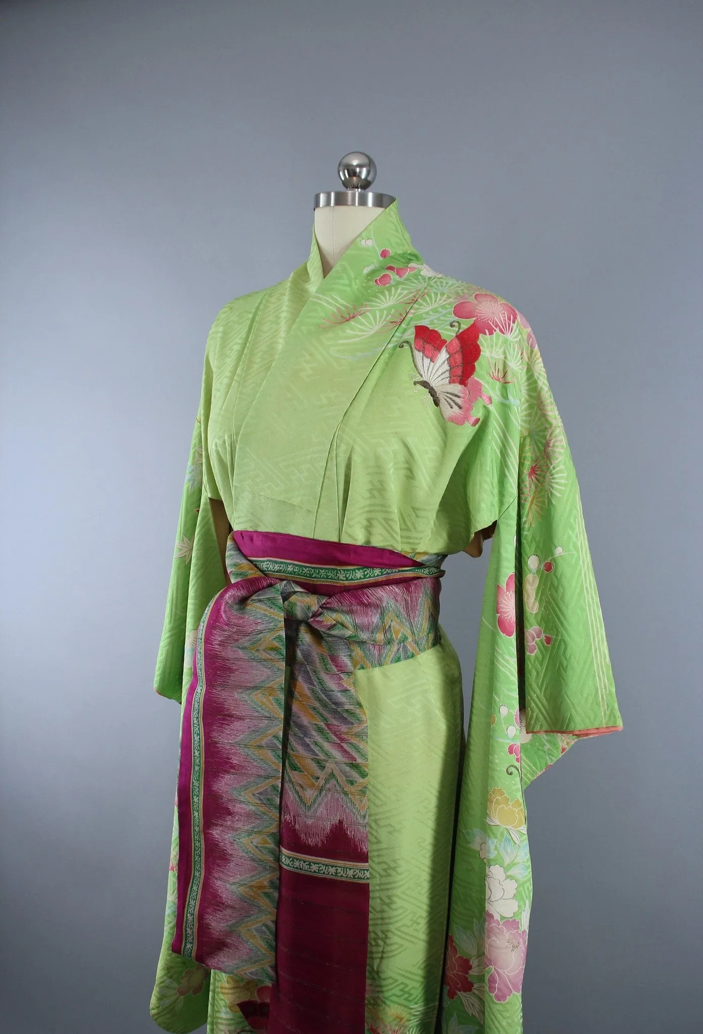 1960s Vintage Silk Kimono Robe Furisode / Embroidered Butterflies