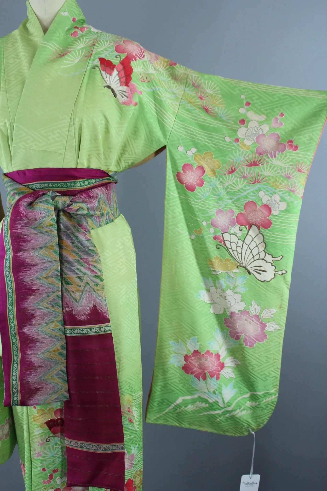 1960s Vintage Silk Kimono Robe Furisode / Embroidered Butterflies