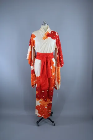 1960s Vintage Silk Kimono Robe Furisode / Ivory Orange Floral Gold Embroidery