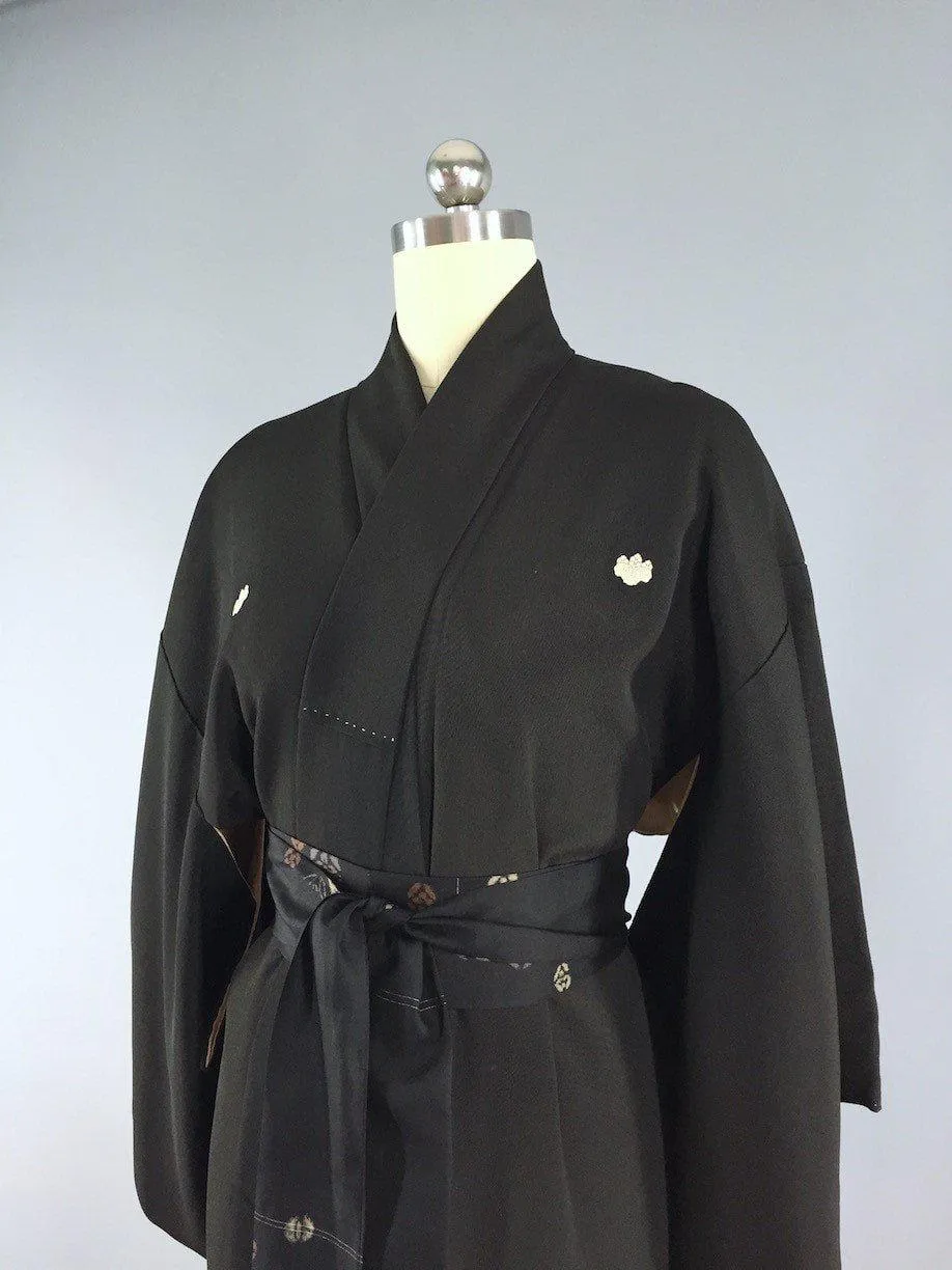 1970s Vintage Black Kimono Tomesode / Bamboo Embroidery