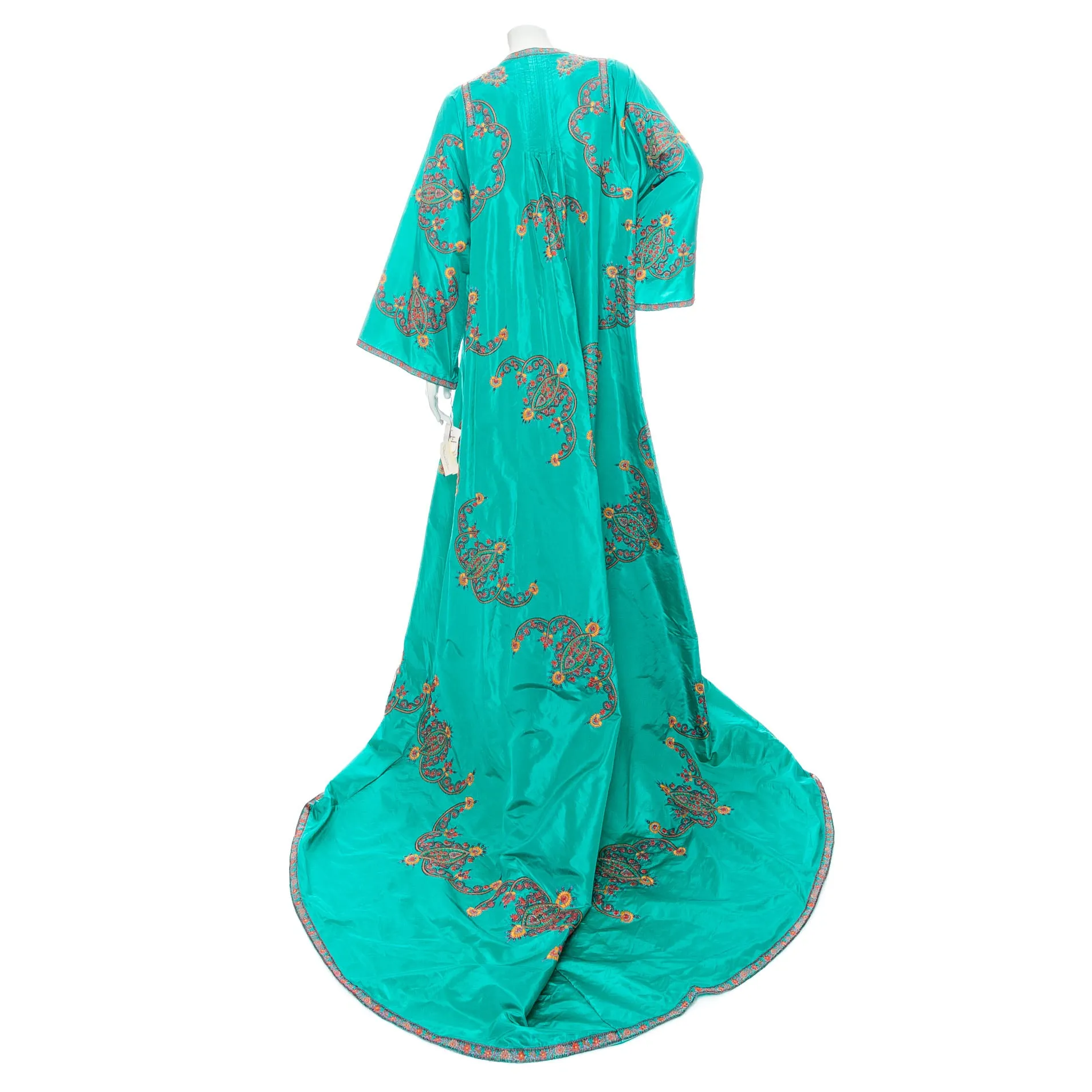 2000s Teal Silk Habotai Floral Embroidered Caftan