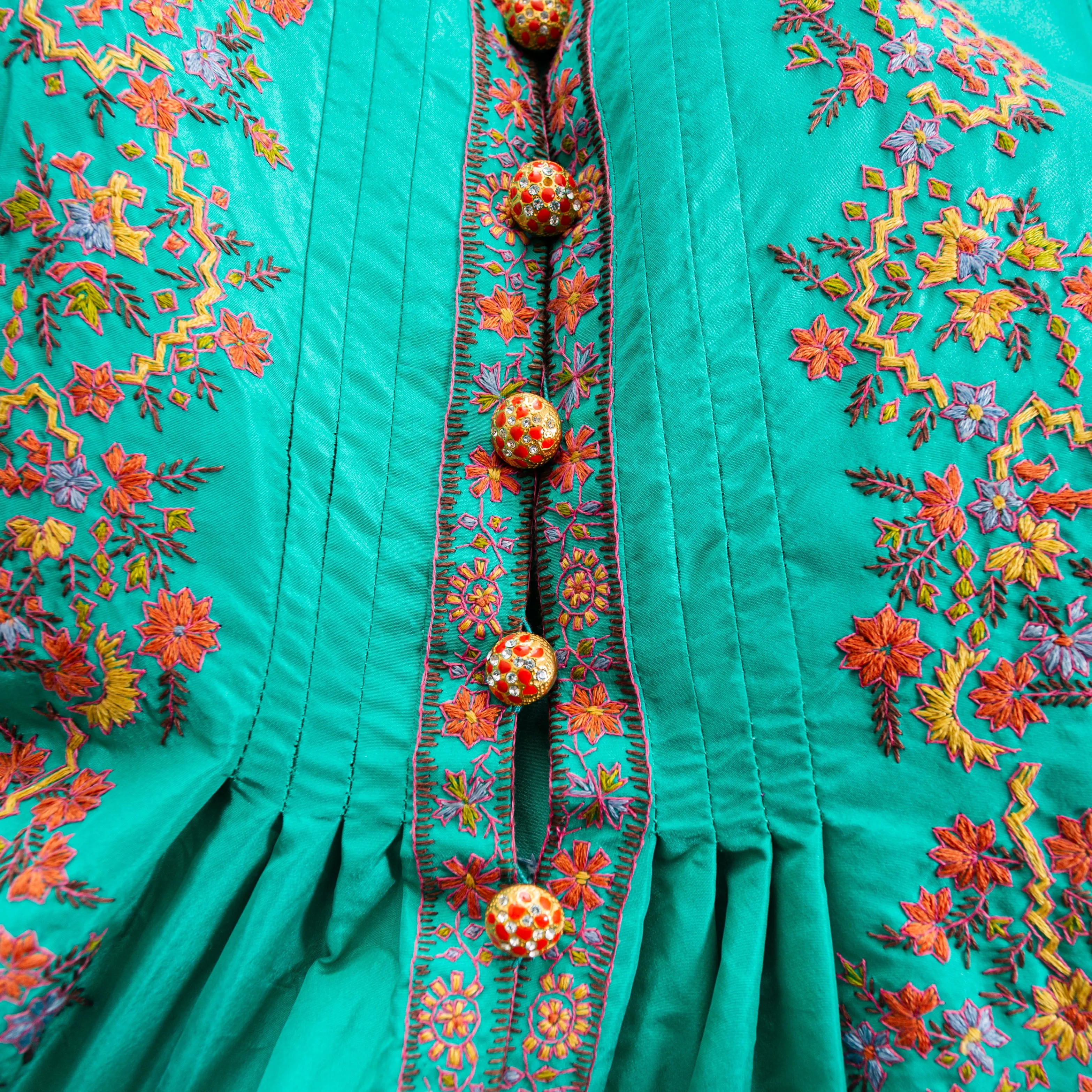 2000s Teal Silk Habotai Floral Embroidered Caftan