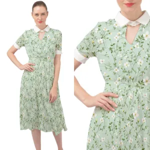 40s Dress Style, Mint Green Dress, Floral Dress, Green Floral Midi Dress, Romantic Dress, Spring Summer Dress, Green Aline Dress