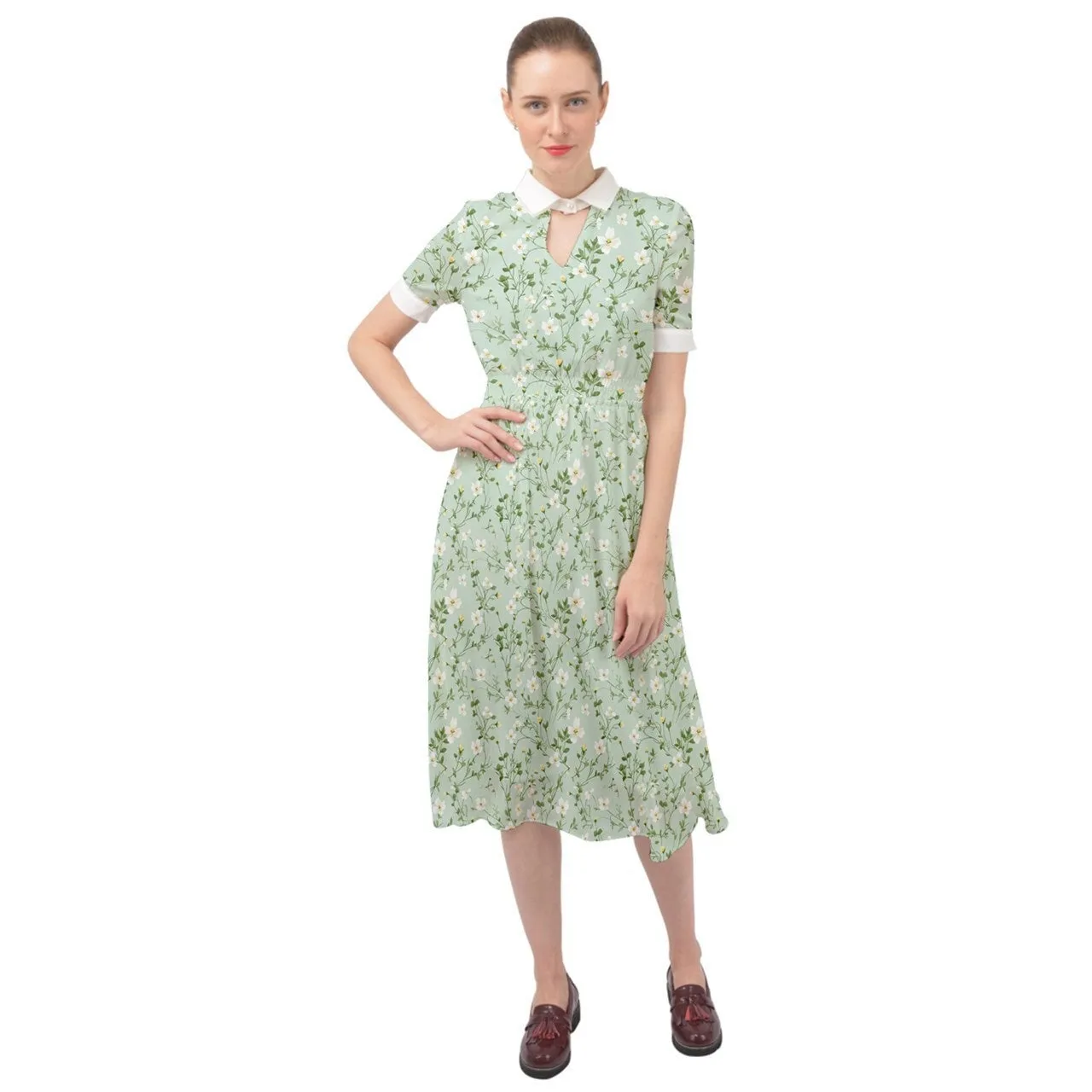 40s Dress Style, Mint Green Dress, Floral Dress, Green Floral Midi Dress, Romantic Dress, Spring Summer Dress, Green Aline Dress