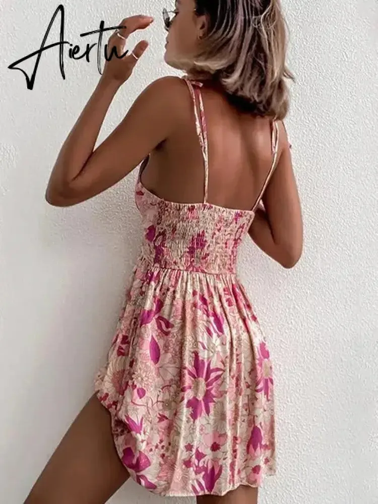 Aiertu Summer Bohemian Floral Dress Women Sleeveless Spaghetti Strap V Neck Mini Dress Beach Casual Sexy Dresses Female