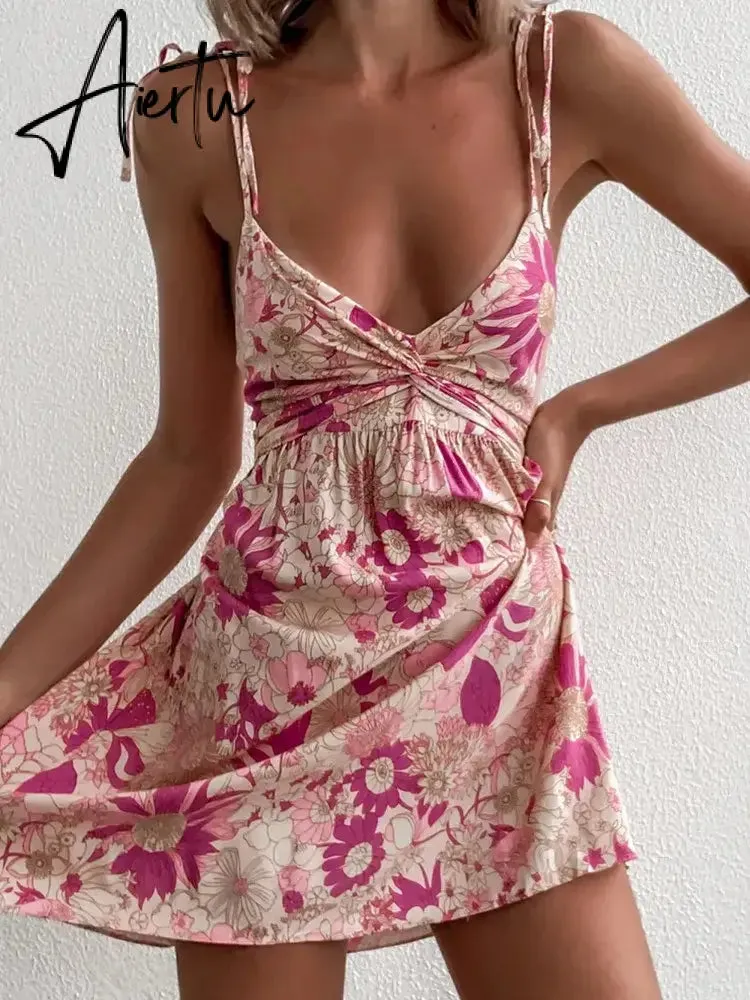 Aiertu Summer Bohemian Floral Dress Women Sleeveless Spaghetti Strap V Neck Mini Dress Beach Casual Sexy Dresses Female