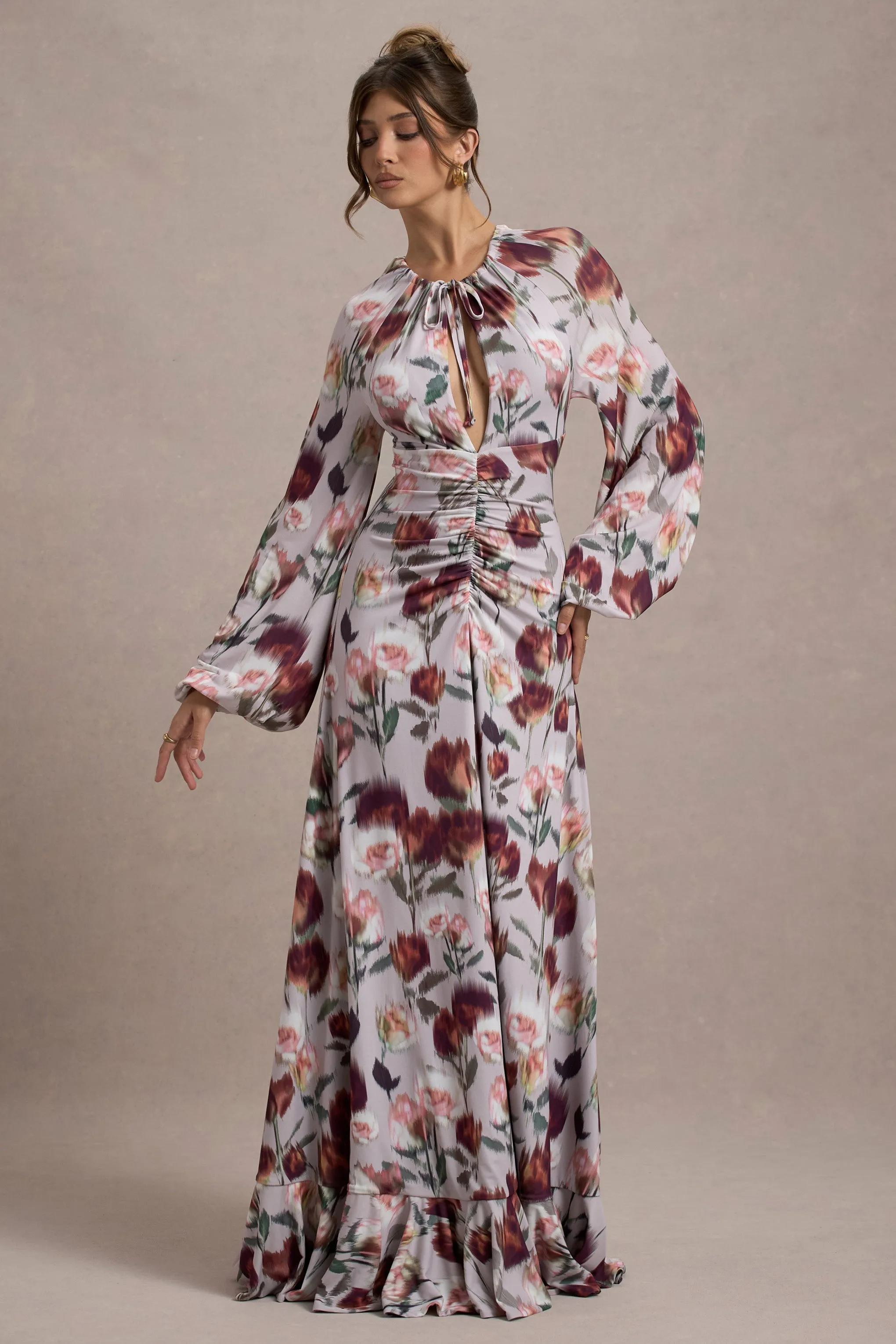 Althena | Cream Floral Print Balloon-Sleeve Maxi Dress