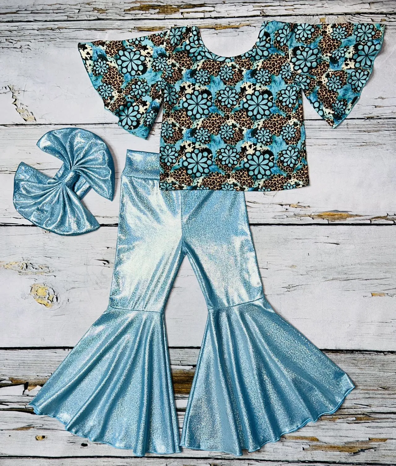 Aqua metallic leather bell bottoms DLH1119-3