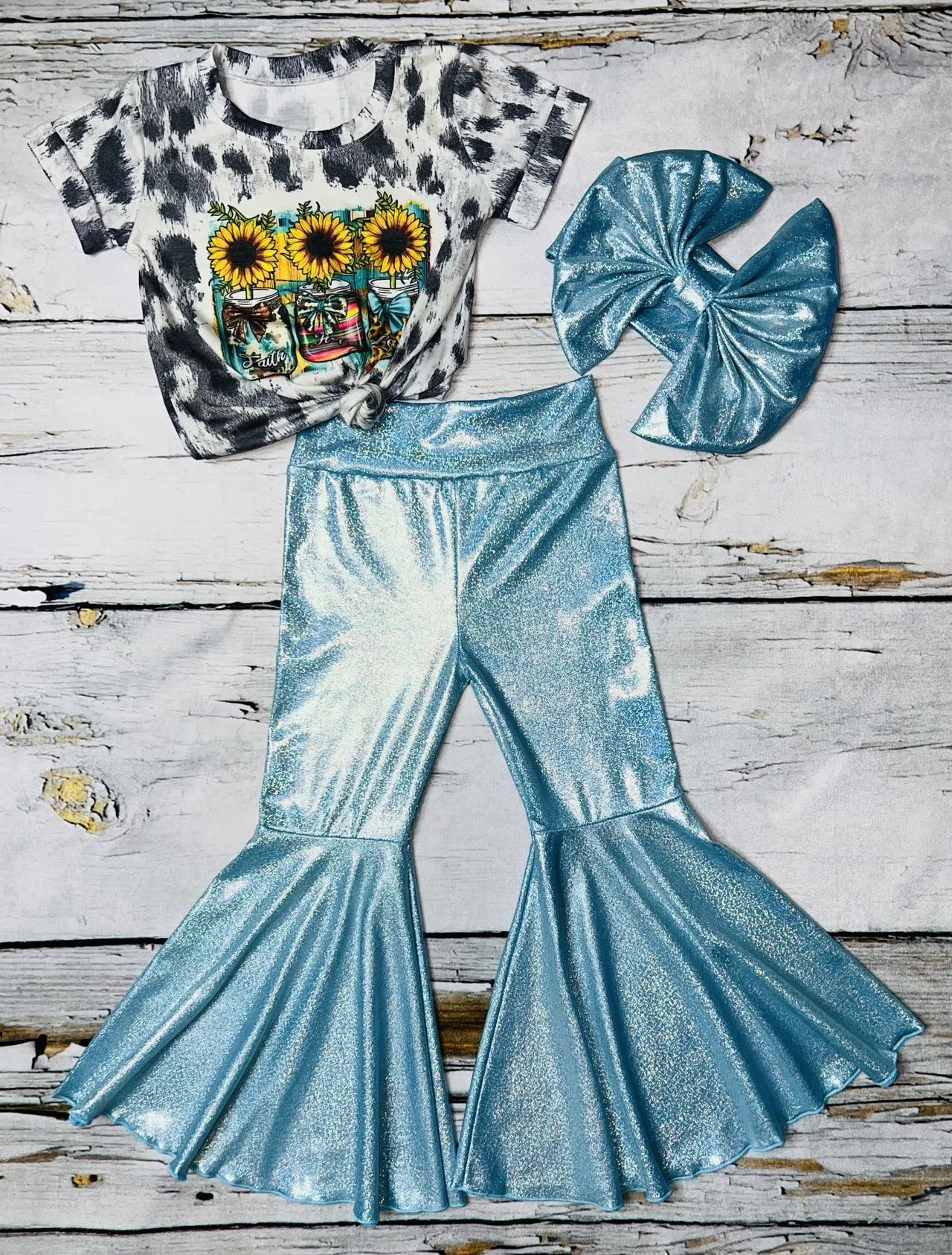 Aqua metallic leather bell bottoms DLH1119-3