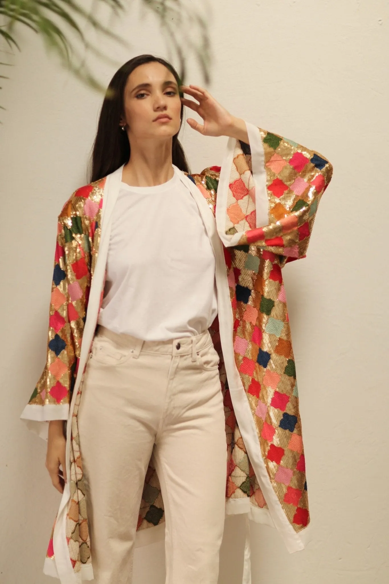 ARGUS GLO CHIFFON SILK SEQUIN EMBROIDERED KIMONO