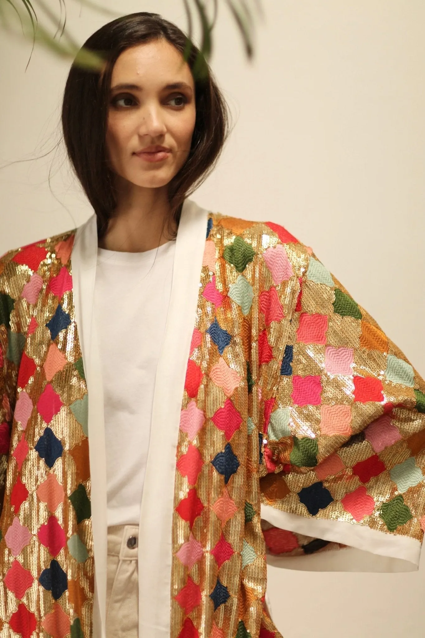 ARGUS GLO CHIFFON SILK SEQUIN EMBROIDERED KIMONO