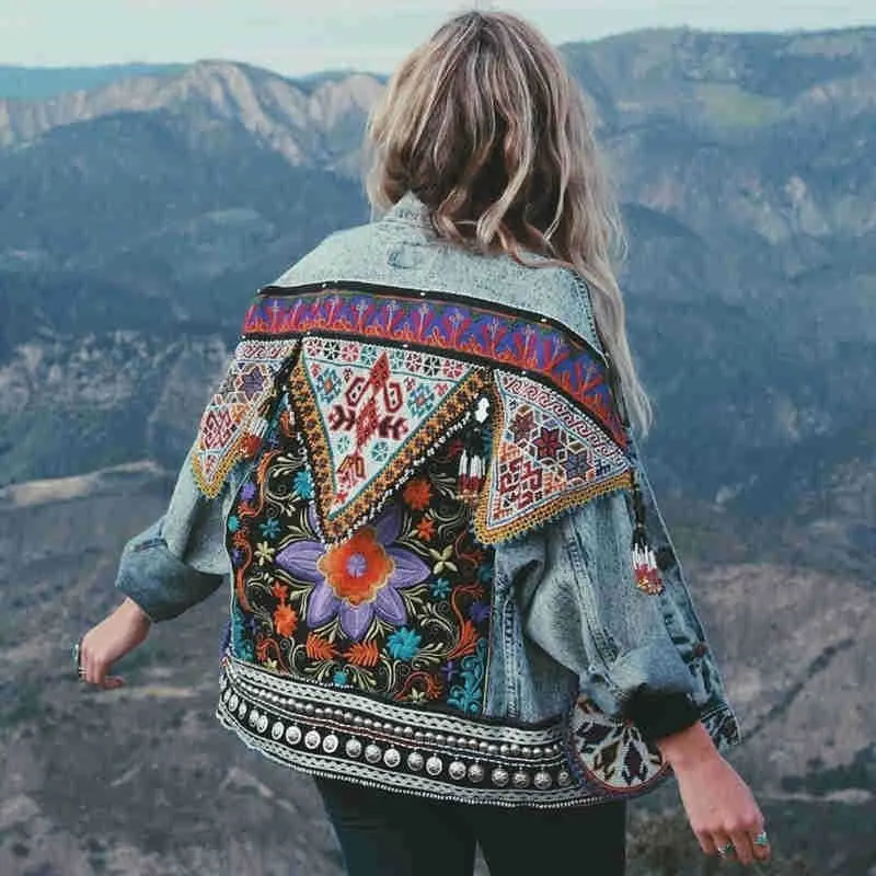 ASHORESHOP Ethnic Appliques boho Denim Jacket for Women