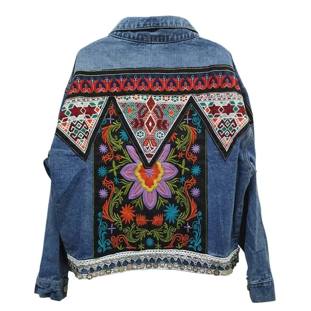 ASHORESHOP Ethnic Appliques boho Denim Jacket for Women