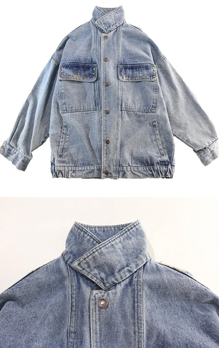 ASHORESHOP Womens Denim Jackets Ethnic Pattern floral Embroidery Suede Fringe Jacket