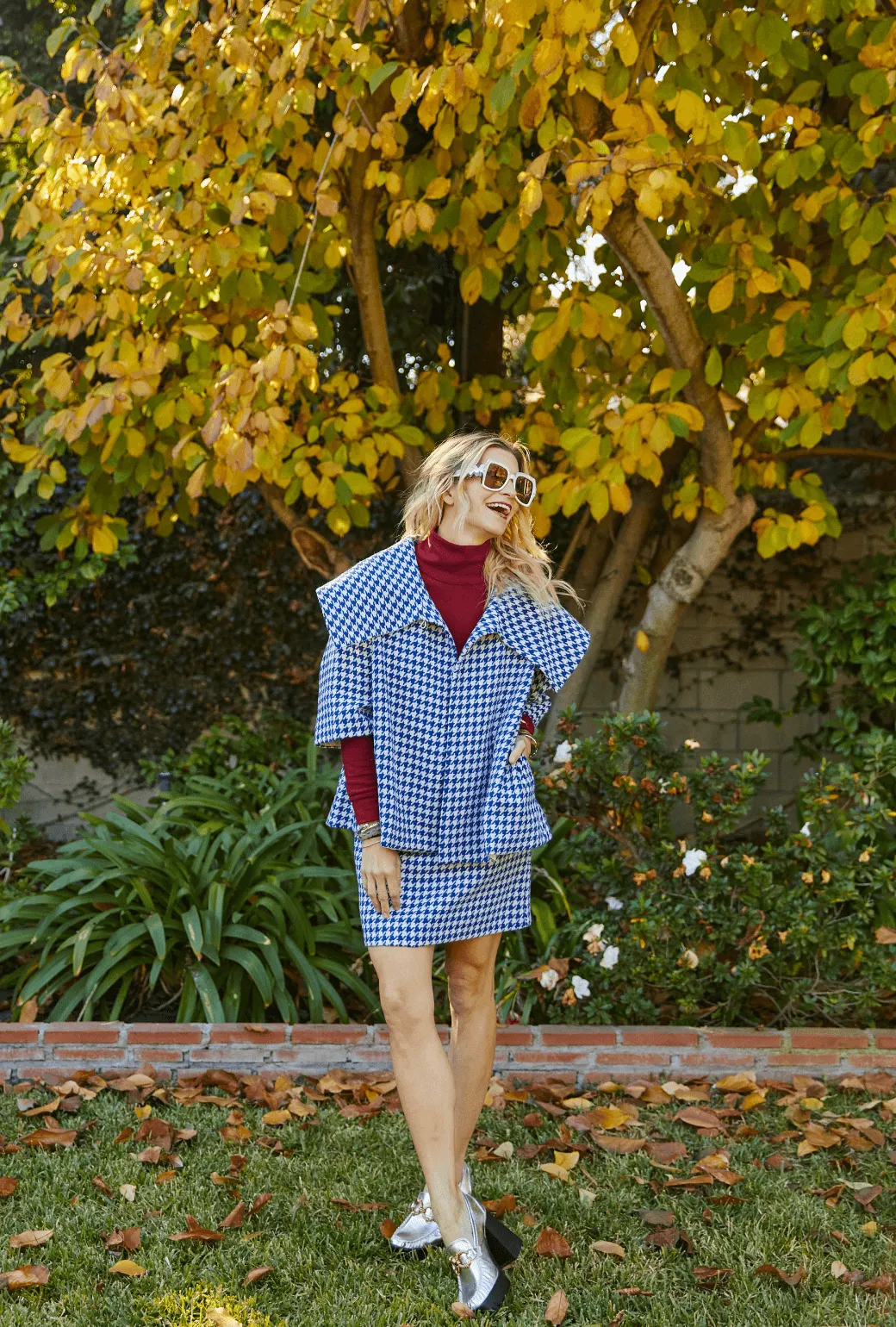 BF Cropped Car Coat -  Blue Houndstooth