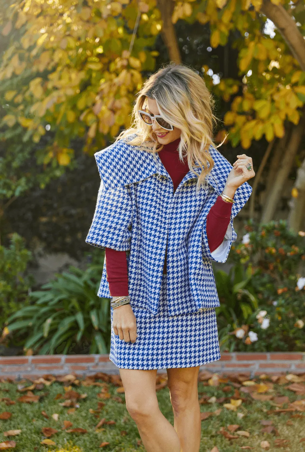 BF Cropped Car Coat -  Blue Houndstooth