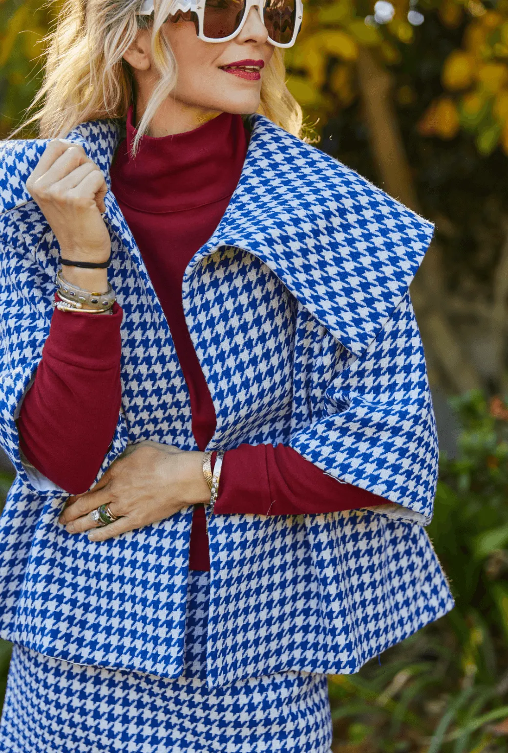 BF Cropped Car Coat -  Blue Houndstooth