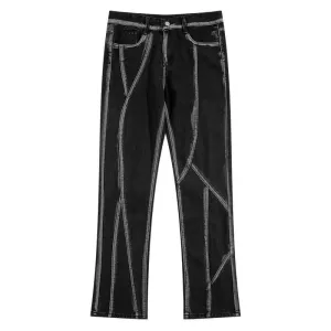 Black Asymmetric Sew Lines Straight Skinny Jeans Pants