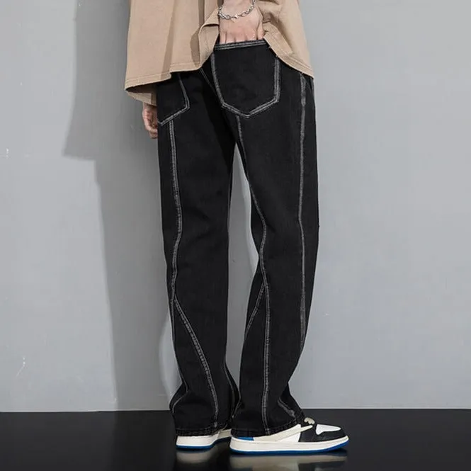 Black Asymmetric Sew Lines Straight Skinny Jeans Pants