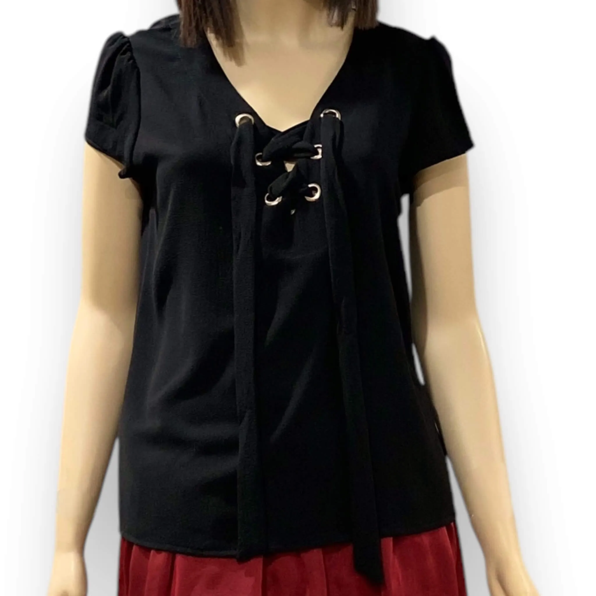 Black Lace Up Short Sleeve Top