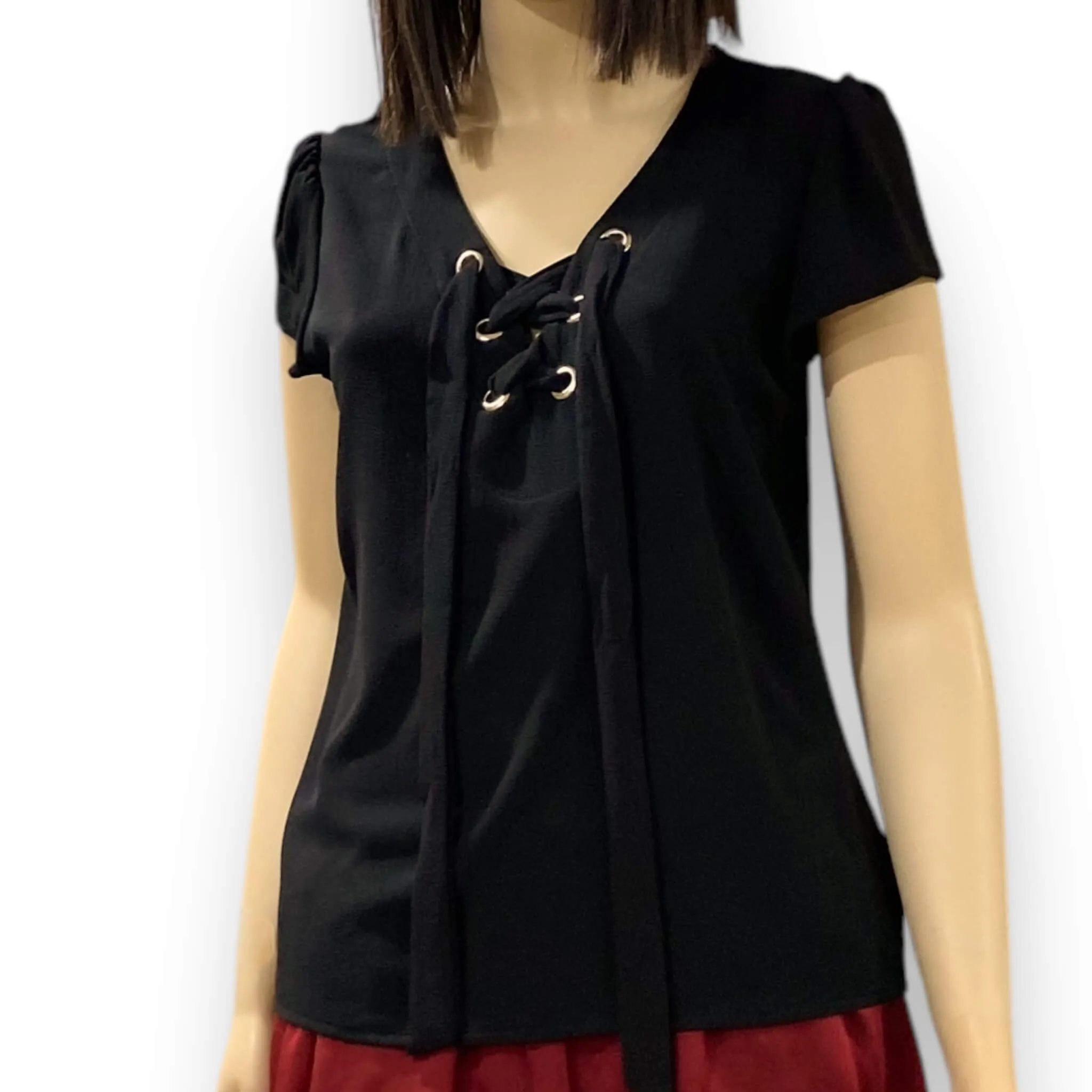 Black Lace Up Short Sleeve Top