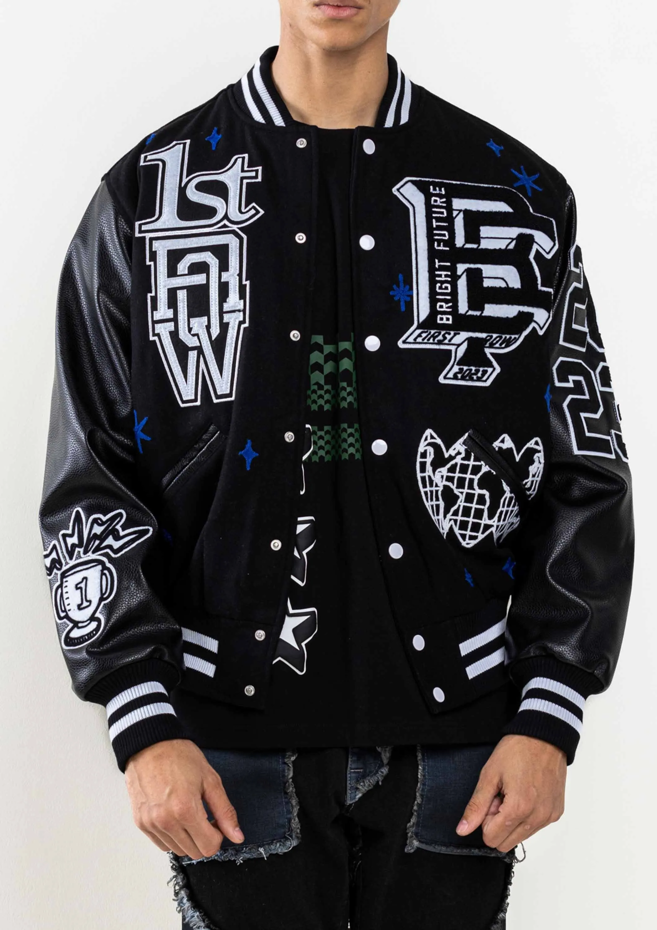 Black Mono Bright Future Varsity Jacket