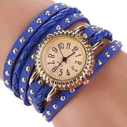 Bohemian Leather Wrap Bracelet Watch in Royal Blue