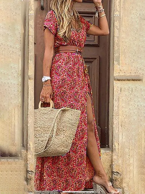 Bohemian Long Short Sleeve Printed V Neck Slit Dress