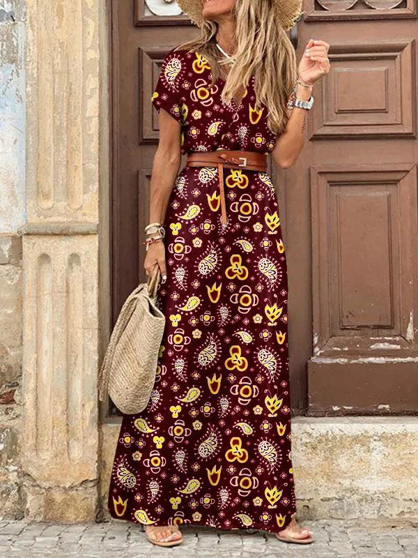 Bohemian Long Short Sleeve Printed V Neck Slit Dress